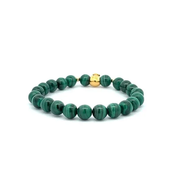 18K Gold Money Bag Lucky Charm Beads Bracelet Gemstones Malachite 7mm